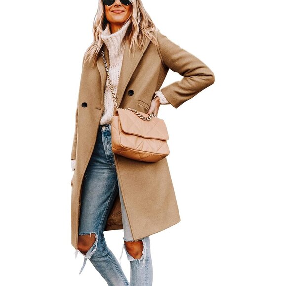 💫 Women Brown Casual Wool Coat Winter Soft Notch Lapel Single-Breasted Peacoat